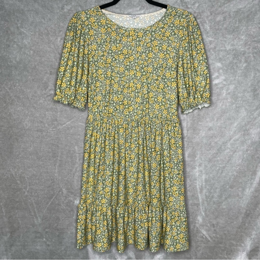 UW As U Wish Floral Dress Size M Green Yellow Cottagecore Tiered Summer Mini